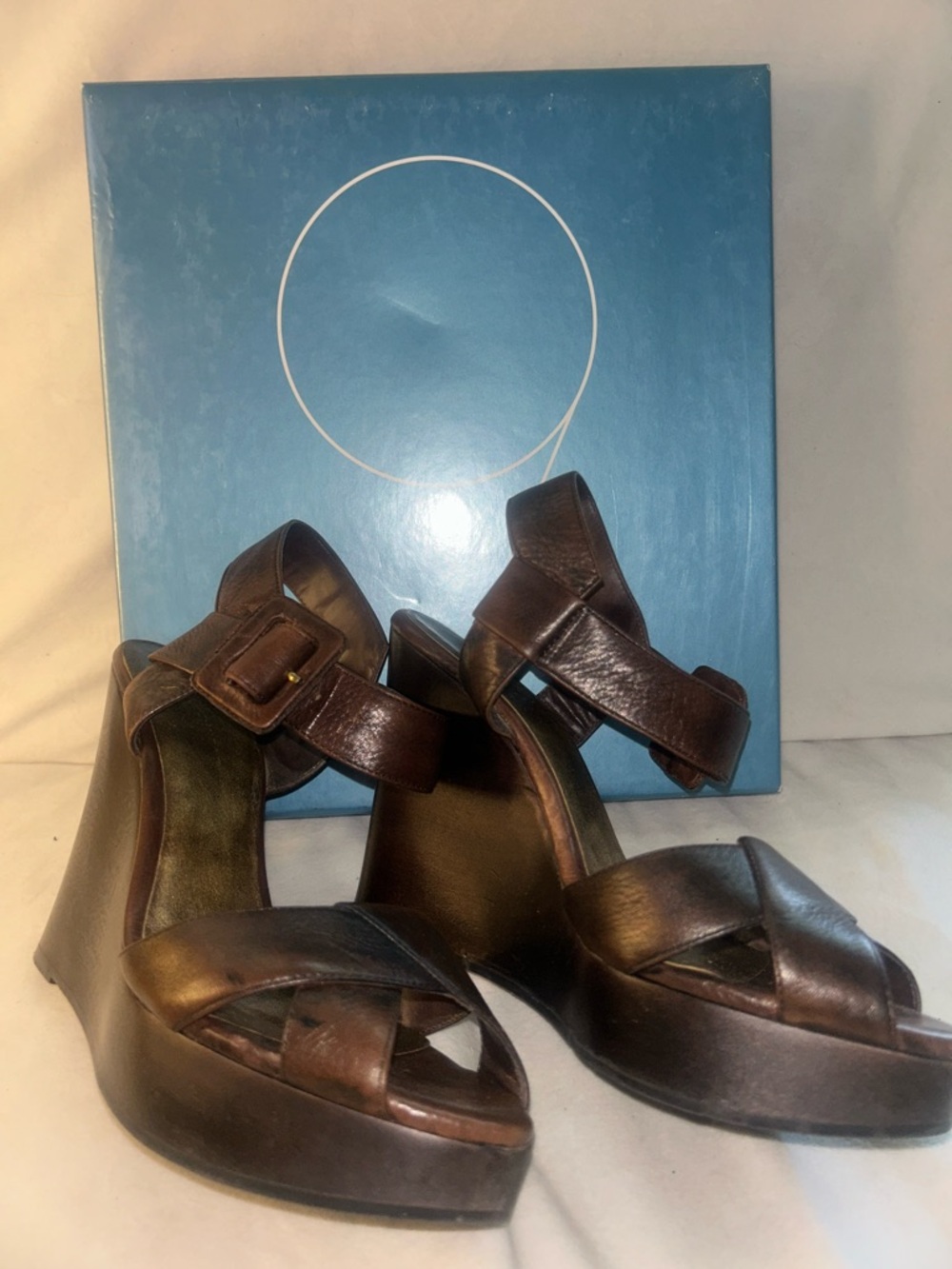 Nine West Brown Leather Platform Wedge Sandals with Ankle Buckle - Picture 2 of 5
